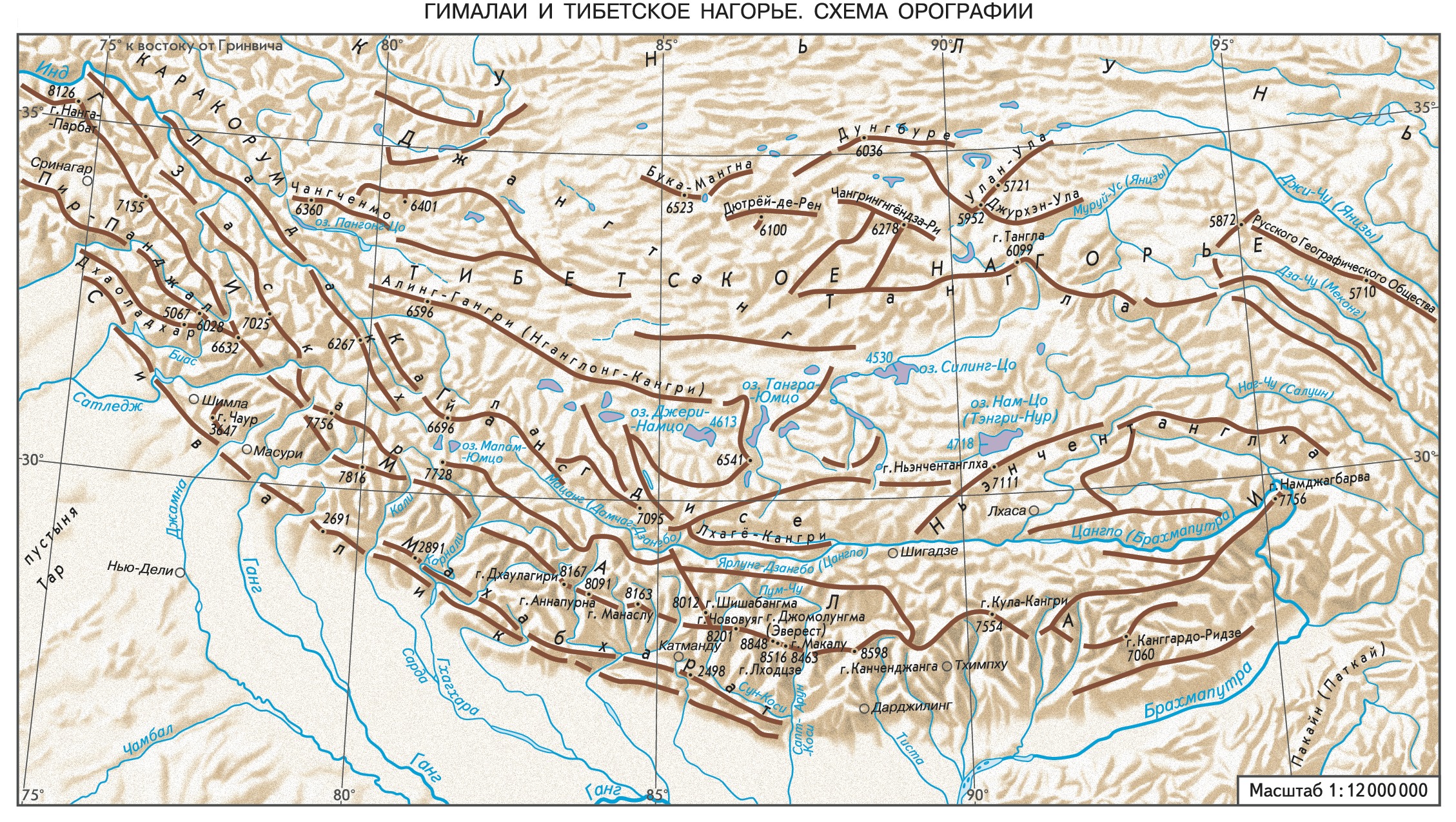 Карта вершин гималаев. Тибетское Нагорье и Гималаи на карте. Горы Гималаи и Тибет на карте. Хребет Гималаи на карте. Памир Тибет Гималаи на карте.