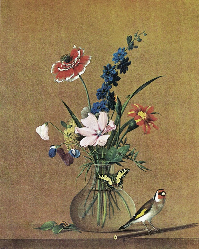 Репродукция толстого букет цветов бабочка и птичка