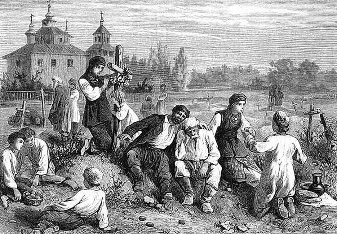 Поминки на деревенском кладбище.картина а.и. Корзухина (1865)